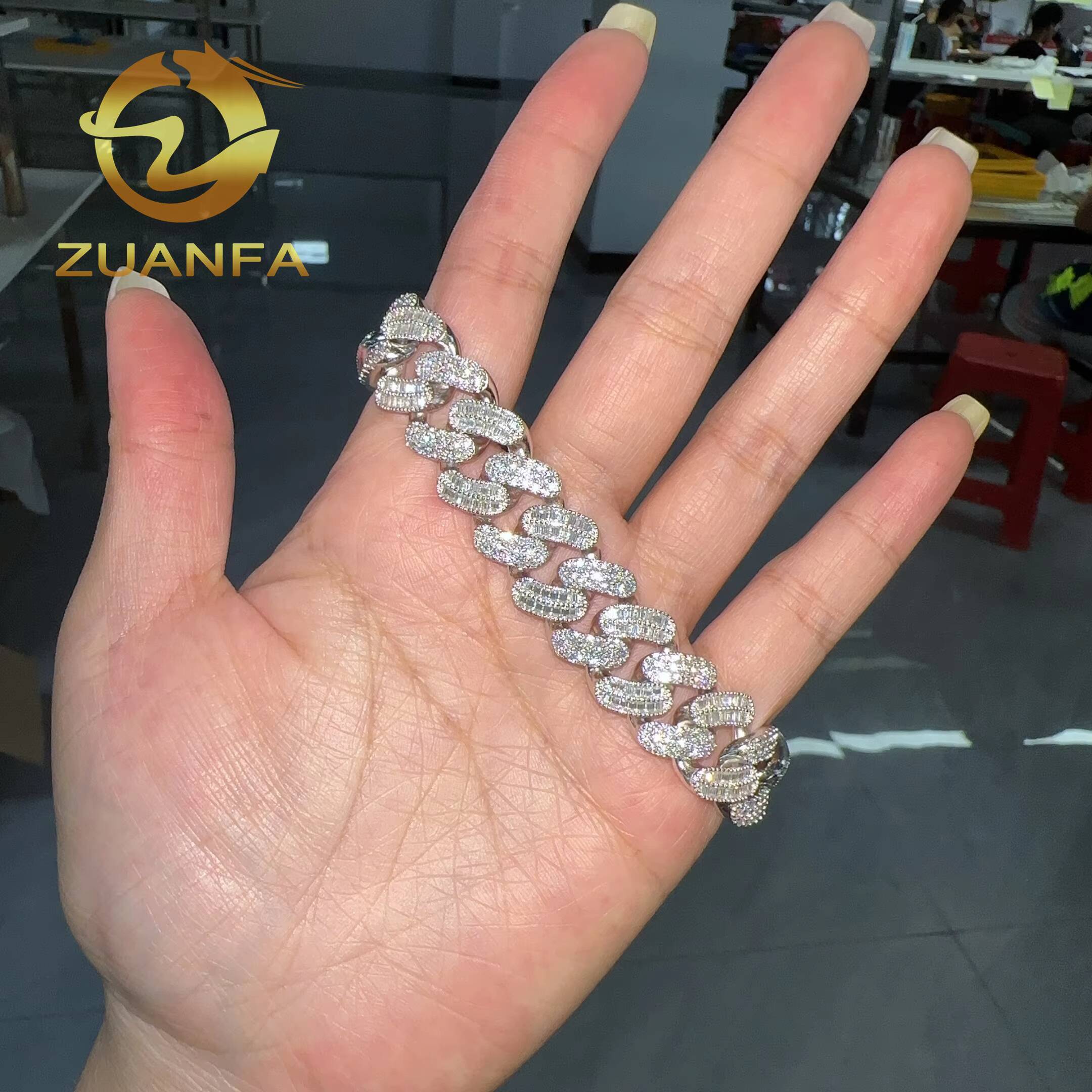 925 Silver 15mm Moissanite Cuban Link Bracelet Hip Hop Jewelry Round and Baguette Cut Iced Out Men Moissanite Bracelet