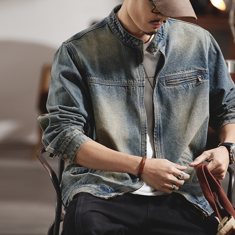 American Style Zipper Denim Jacket For Men Spring And Autumn Trendy Cool Casual Loose Washed Vintage Designer Jacket Workwear Jacket