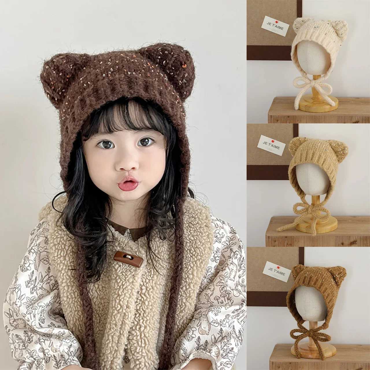 Cute Cat Ear Baby Winter Hat Cartoon Solid Color Knitted Beanie Cap Outdoor Warm Ear Protection Kids Boys Girls Lacing Hats251028