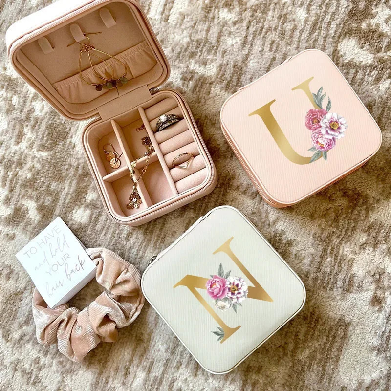 Gold Alphabet Flower Jewelry Box Bridesmaid Gift Mystery Bridesmaids Proposal Portable Organizer Storage Boxes 251013
