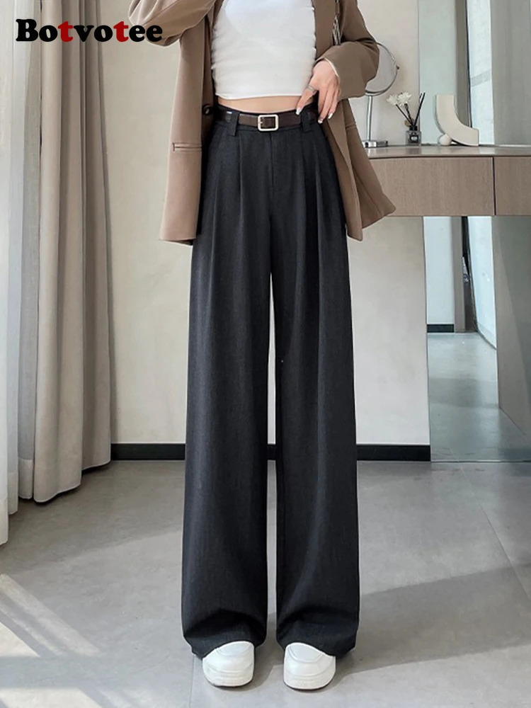 Botvotee Burgundy Suits Pants for Women Office Lady Elegant High Waist Wide Leg Fashion Trousers with Pockets Black Gray 251029