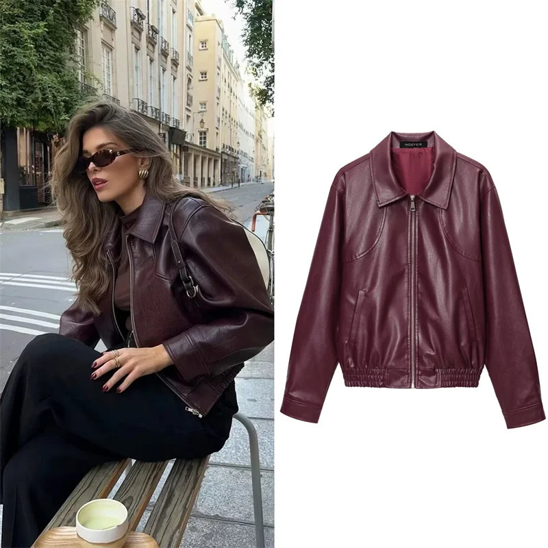 Womens Jacket 2025 American Retro Simple Lapel Burgundy Faux Leather Jacket Street Fashion Womens Jacket 251029