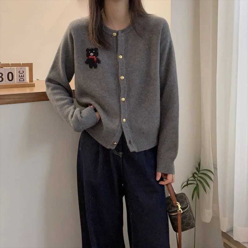 Autumn Winter Elegant Fashion Little Bear Knitted Cardigan Women Clothing Casual Allmatch Long Sleeve Sweaters Oneck Loose TopT251028