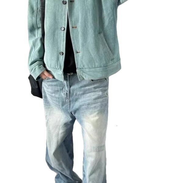 Trendy Right Shoulder Jacket Men Peacock Green Short Autumn Winter Washed Vintage Turn-down Collar Color-blocking Workwear Designer Jacket Jacket Soft