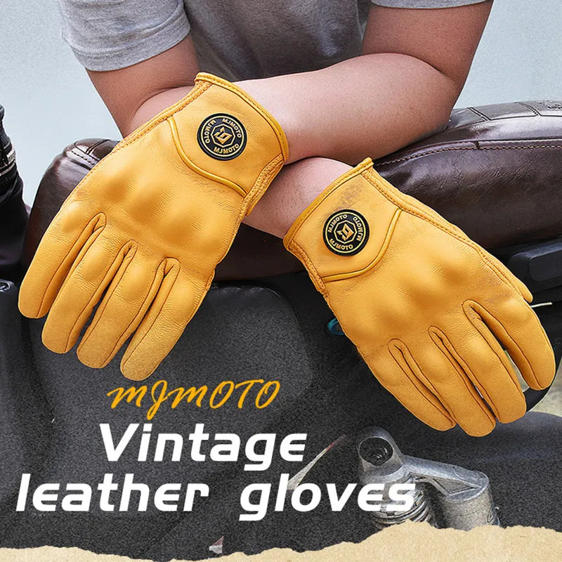Retro Yellow Leather Motorcycle Gloves Men Women Breathable Perforated Motorbike Racing Touch Screen Motocross Moto Glove 251013