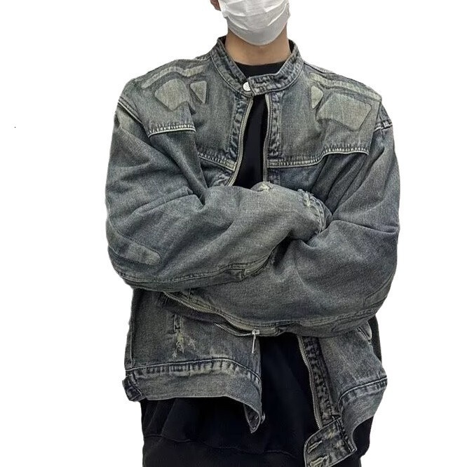 New American Style Designer Jacket Washed Vintage Spring Autumn Denim Jacket For Men Loose Stand Collar Casual Zipper Jacket Top