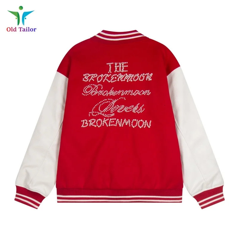 24SS Top Quality Red Rhinestones Colorblocking Leather Sleeve Mens Womens Baseball Jacket 251028
