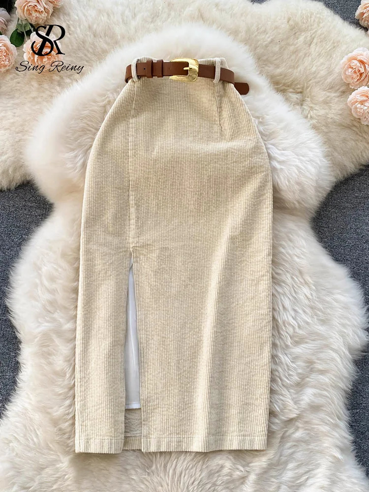SINGREINY Women Korean Split Sexy Long Skirt 2024 Winter Corduroy Slim Thick Streetwear Fashion Vintage Autumn Bodycon Skirt 251028