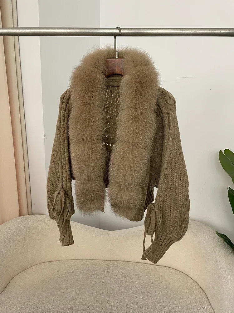 Winter Fashion Knitting Cardigan Placket Coat Women Casual Real Fox Fur Coat Short Warm Knitted Jacket with Natural Fur i251029