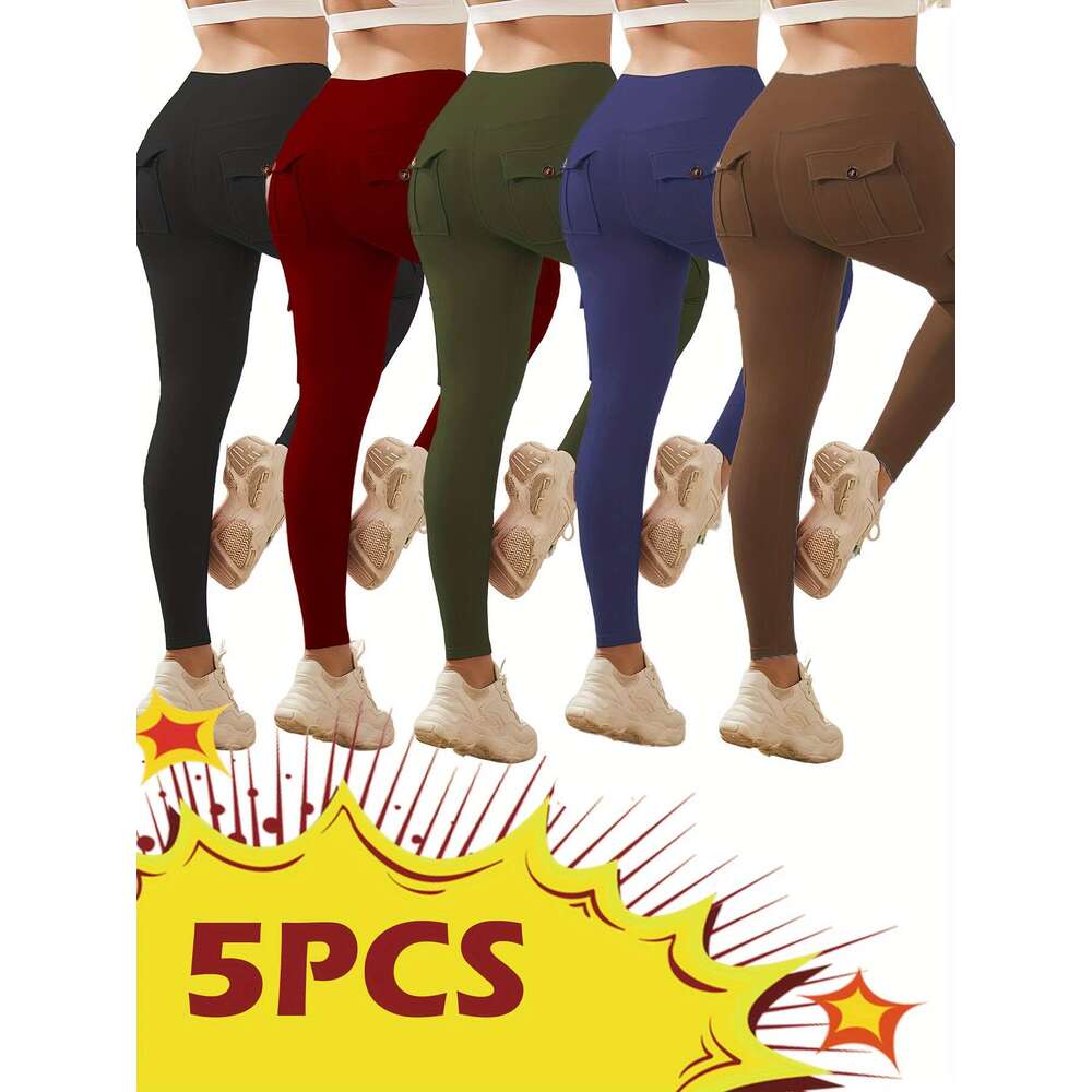 5-Packs High Waist With Button Pockets, Multipack Butt Lifting Tummy Control Workout Running 4 Way Stretch Cargo Sports Pants, 5pcs Leggings Set, Yoga