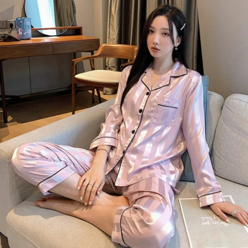 Striped Satin Pajamas Women Jacquard Loungewear Long Sleeve Trousers TwoPiece Set Solid Color RollNeck Cardigan Sleepwear 251029