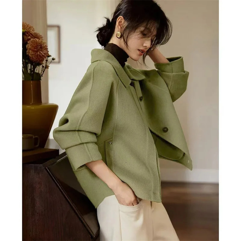 Long Sleeves Wool Blend female Outwear Korean Large Size 4XL Woolen Short Ladies Jacket Winter Flip Collar Woolen Women Coat 251029