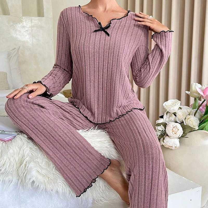 Women Autumn Winter Sleepwear Ribbed Pajamas Set Long Sleeve Top and Long Pants 2 Piece Set Casual Homewear LoungewearT251029
