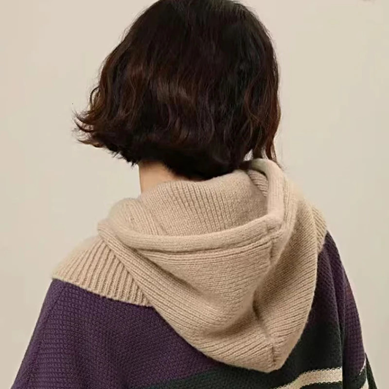 Fashion Winter Hats Scarf Set Wool Knitted Hooded Caps Balaclava Neck Warmer Scarf Shawl Gothic Pullover Hat Beanies Bonnet 251029