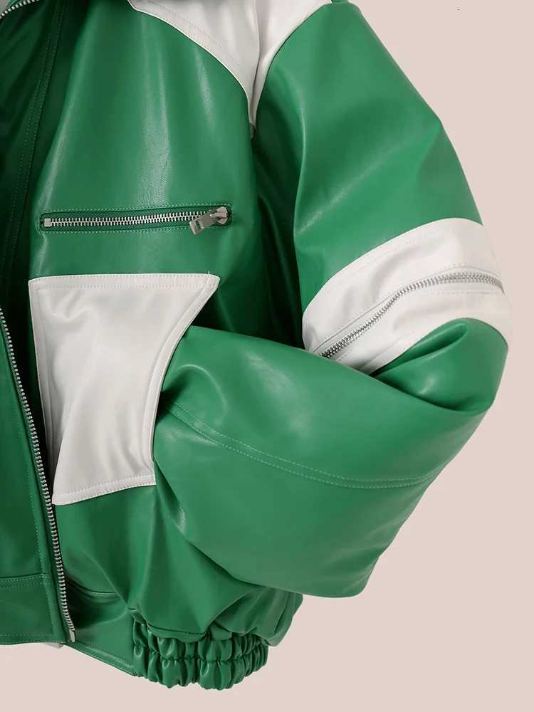 Mauroicardi Spring Autumn Oversized Green and White Patchwork Pu Leather Jacket Men with Many Zippers Luxury Designer ClothesT251029