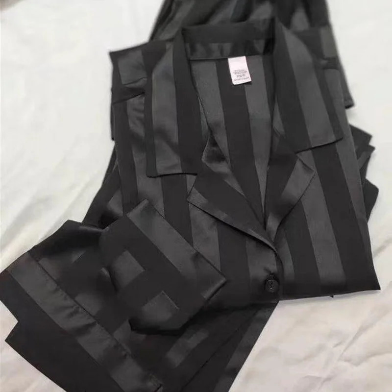 Pajamas Female Summer Ice Silk Girls Homewear LongSleeved Trousers Simulation Black Striped Plus Size Suit 251029
