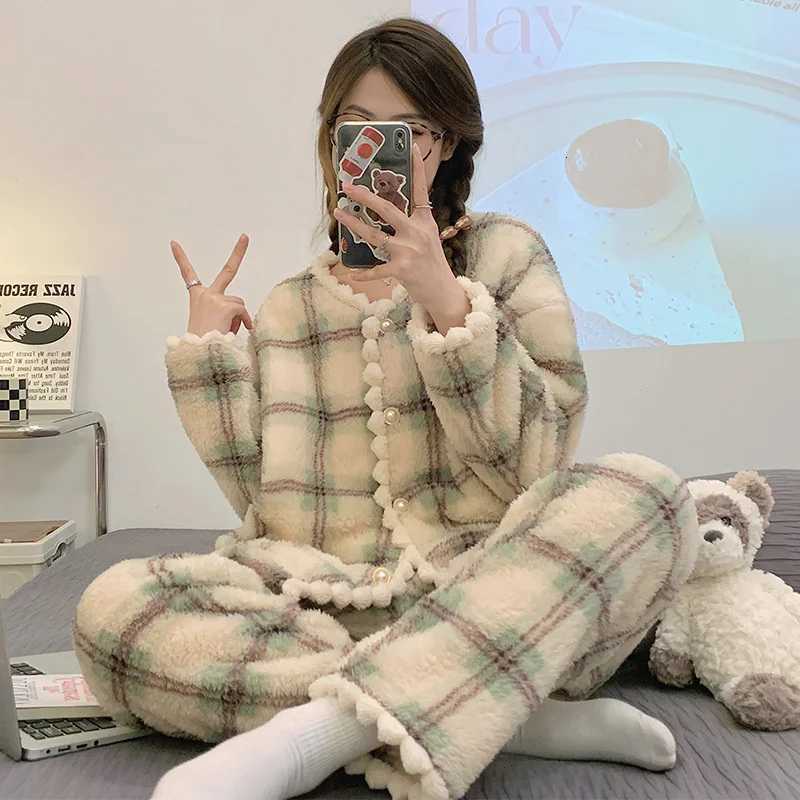 2025 New Flannel Plaid Sleepwear Women Winter Ruffles Pajama Pants Warm 2 Pieces Fluffy Button Night Wears Set Home WearT251029