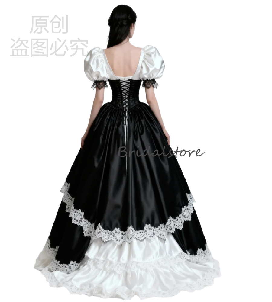 Vampire Themed Gothic Wedding Dress 2026 Puff Sleeve Black White Medieval Bridal Dress Lace Corset Victorian Witchy Bride Celtic Halloween Tudor Robe 