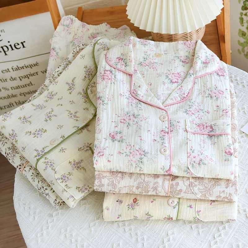 Autumn Long Sleeve Cotton Double Gauze Pajamas for Women Loose and Casual Plus Size Loungewear Lapel Flower Print SleepwearT251029