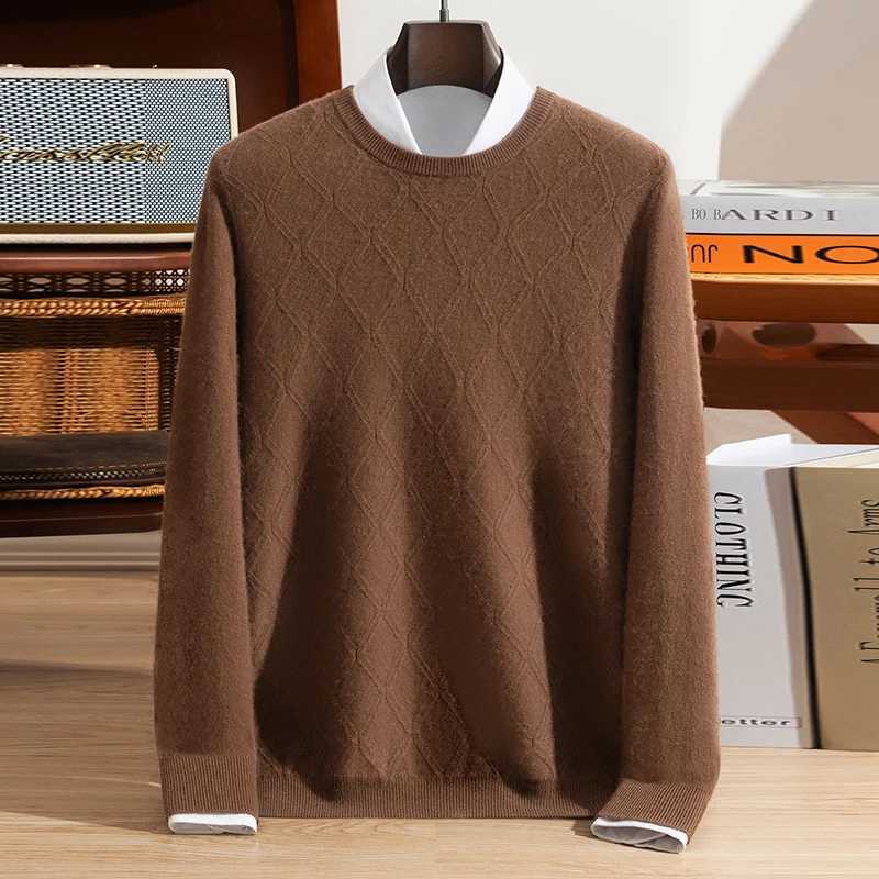 Mens 100 Pure Cashmere Pullover Sweater AutumnWinter Thickened Warm Geometric Knitted Loose round Neck Casual Jumper J251029