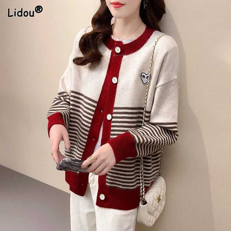 Korean Appliques Thick Autumn Winter Sweaters Striped ONeck Slim Womens Clothing Knitting Single Breasted Cardigan Lazy StyleT251028