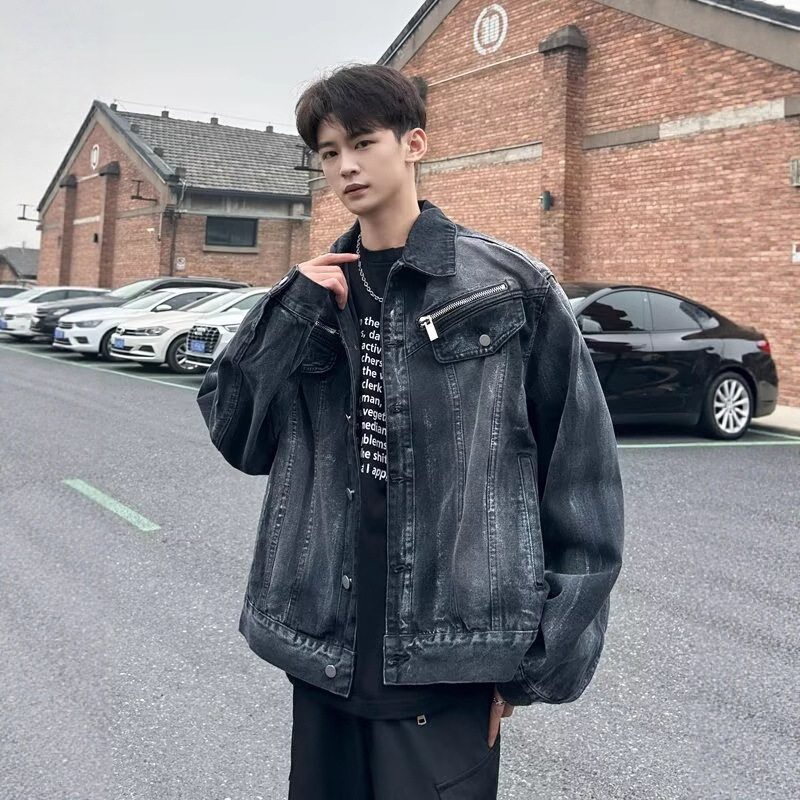 American Heavy Washed Denim Jacket For Men Spring And Autumn Vibe Designer Jacket Trendy Brand High Street Loose Fit Niche Punk Coat