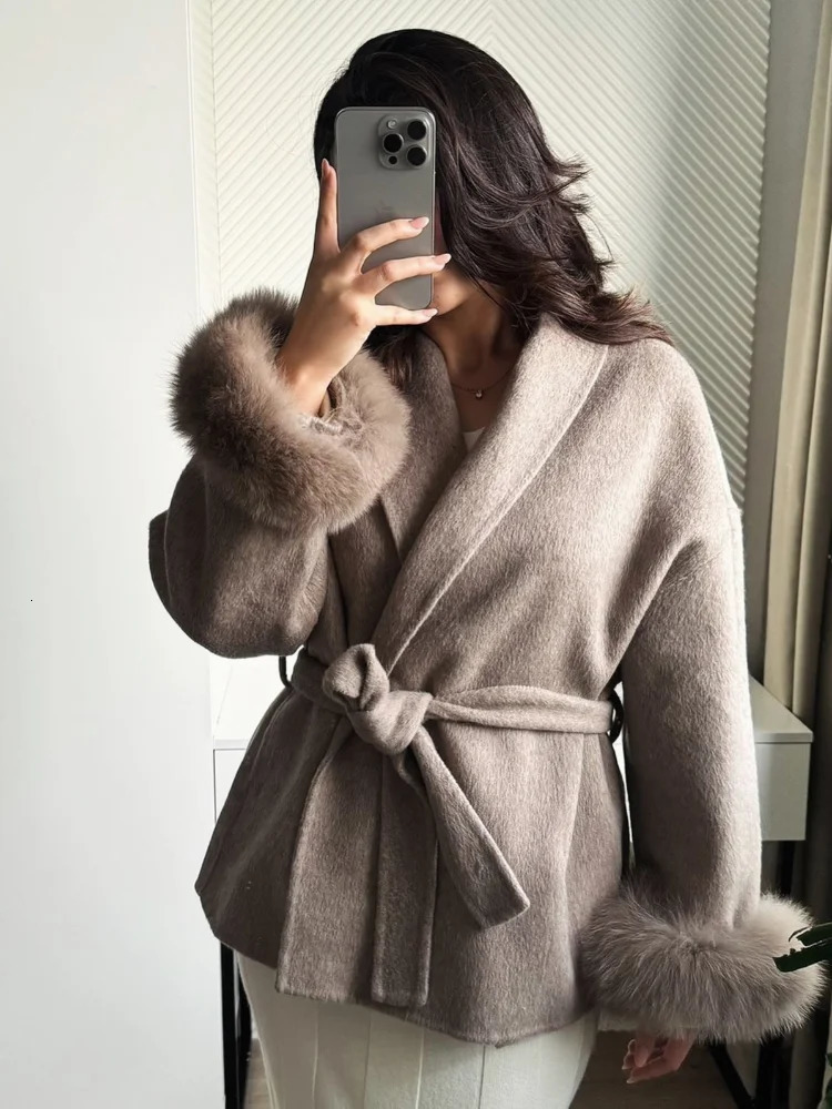 Elegant Solid Lace Up Fur Patchwork Woolen Coat Women Lapel Long Sleeve Loose Short Jacket Lady Winter Daily Street Outwear 251028