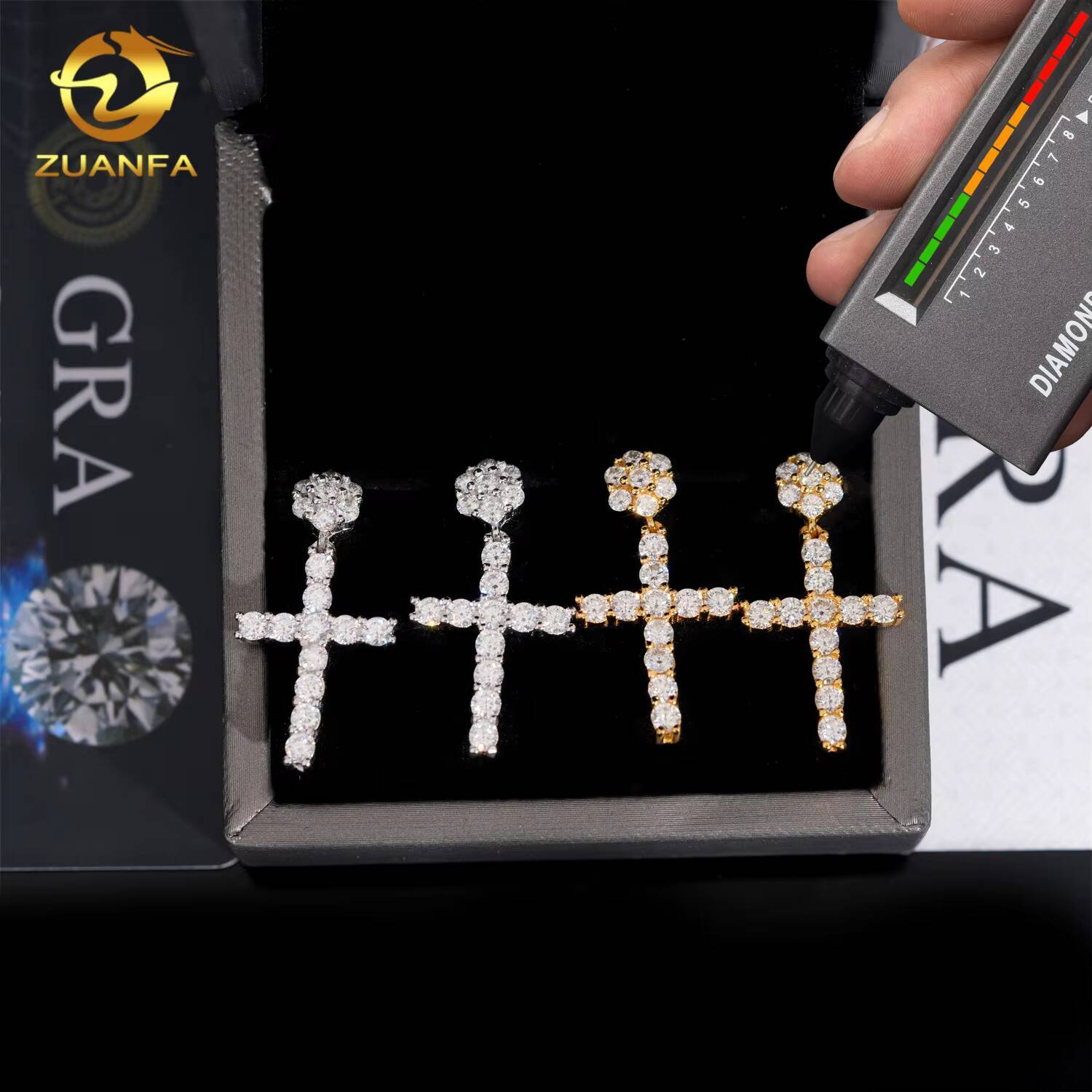 Ready Shipping Cross Hip Hop Earrings 925 Silver Moissanite Diamond Drop Earrings Screw Back Pass Diamond Tester