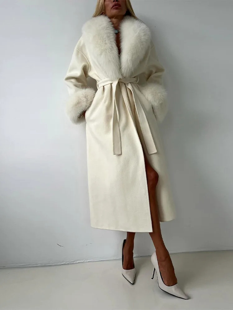 LaceUp Long Overcoat Womens Coat Office Lady Elegant Woolen Furry Patchwork Sleeve Coats Loose Cardigan Jackets 251028