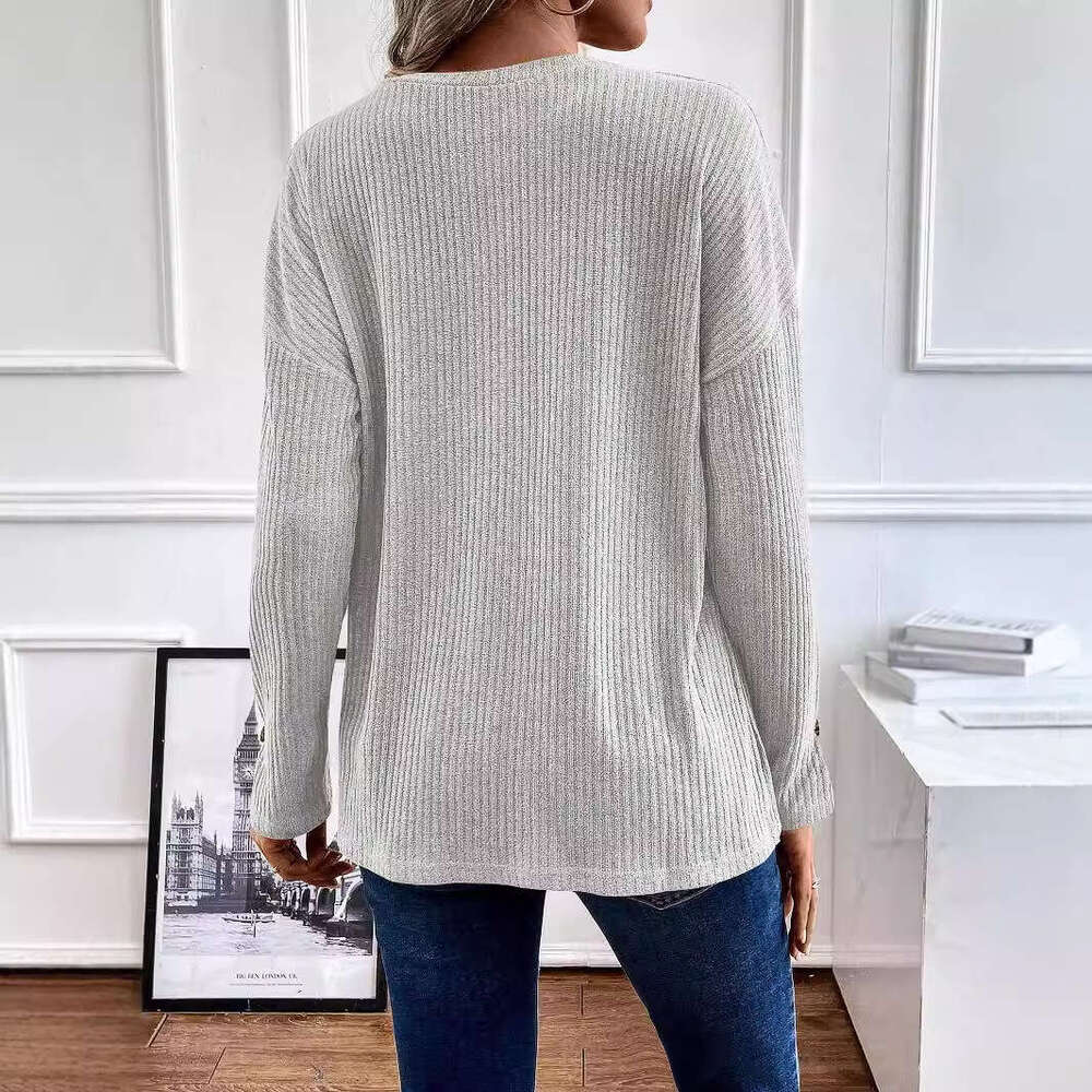 Spring And Autumn Button Ribbed Knitted Tops Casual Sweater All-Match Solid Color Long-Sleeved Pullover V-Neck Top