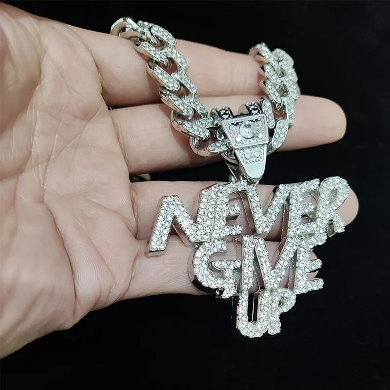 Men Women Hip Hop NEVER GIVE UP Pendant Necklace 13mm Crystal Cuban Chain HipHop Iced Out Bling Necklaces Fashion Charm Jewelry 251029