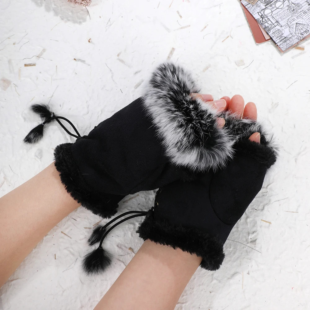 1 Pair Women Winter Warm Gloves Sexy Faux Rabbit Fur Hand Wrist Warmer Fingerless Gloves Suede Women Mittens Warm Wrist Gloves 251029