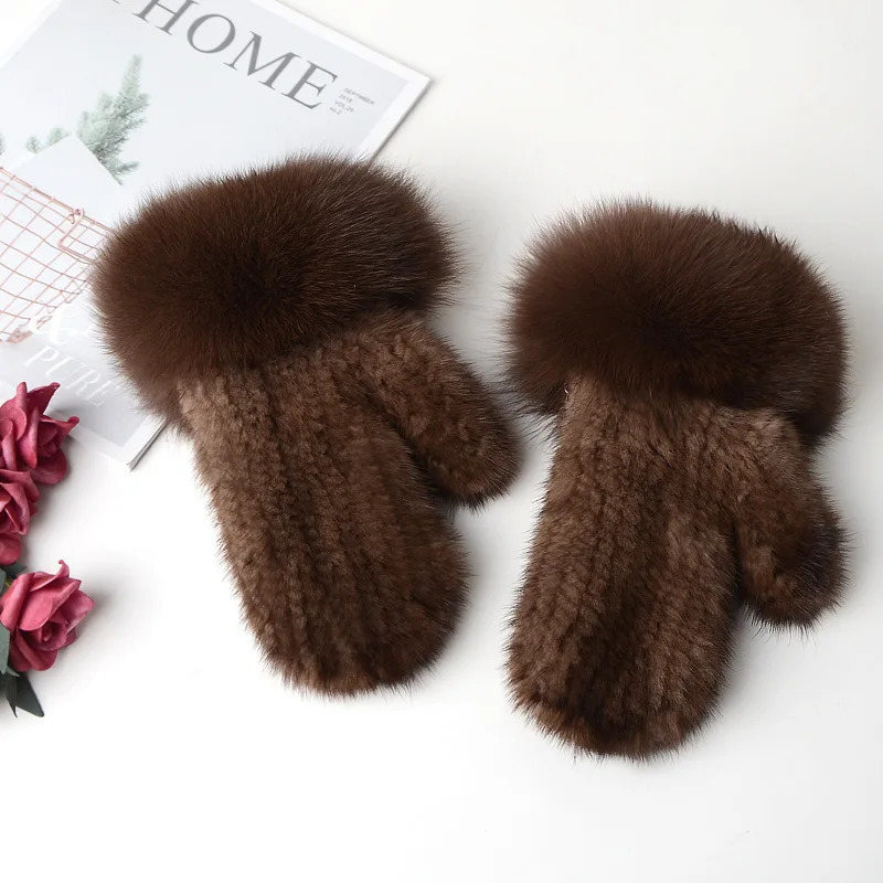 Women Natural Mink Fur Mittens Fox Fur Trimming Real Mink Fur Gloves Ladies Fur Elastic Hand Made Drop 251029