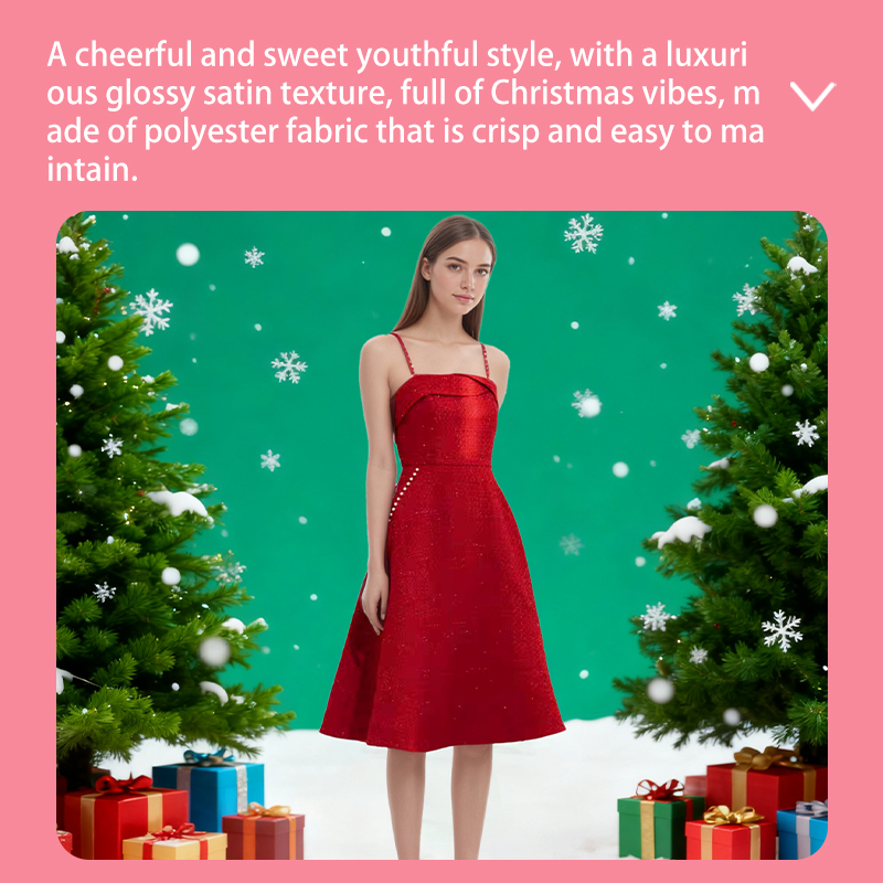 Prom Dresses Women's Red Glitter Midi Dress, Spaghetti Strap Pearl Detail Formal Gown, Cocktail & Evening Party A-Line Dress YJY0002