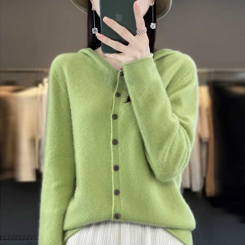 100 pure wool womens cardigan autumn and winter cashmere sweater womens casual knitted hooded top womens jacket fashionT251028