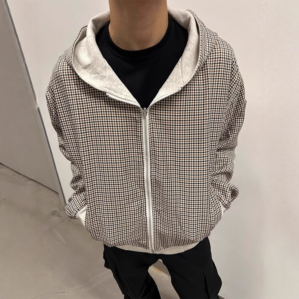 American High Street Reversible Houndstooth Zipper Hooded Sweatshirt Men's Casual Designer Jacket Vibe Cardigan Jacket Trendy