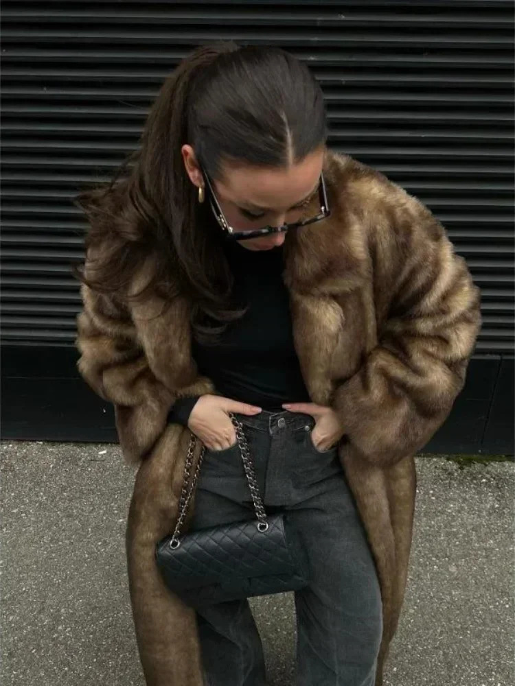 European And American Brown EcoFriendly Faux Fur Coat Jacket Women Autumn Winter Hickened High Street Fashion Streetwear 251028
