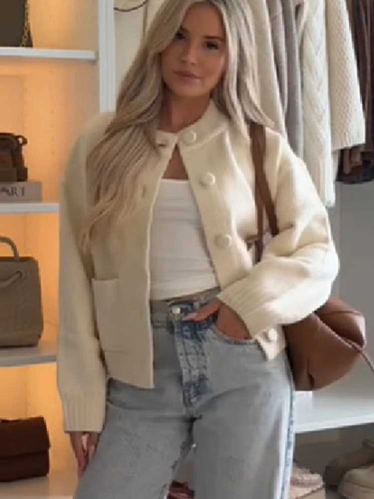 FSMG Casual Solid O Neck Single Breasted Cardigan For Women Elegant Full Sleeve Pocket Knitted Sweater Autumn Lady Chic KnitwearT251028