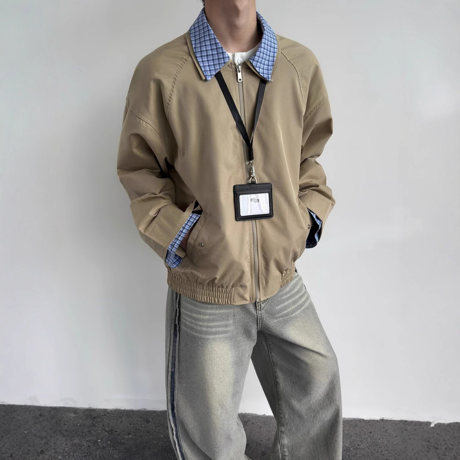 Fake Two-piece Plaid Patchwork Jacket For Men, Spring American Vintage Loose Casual Designer Jacket Couple Top