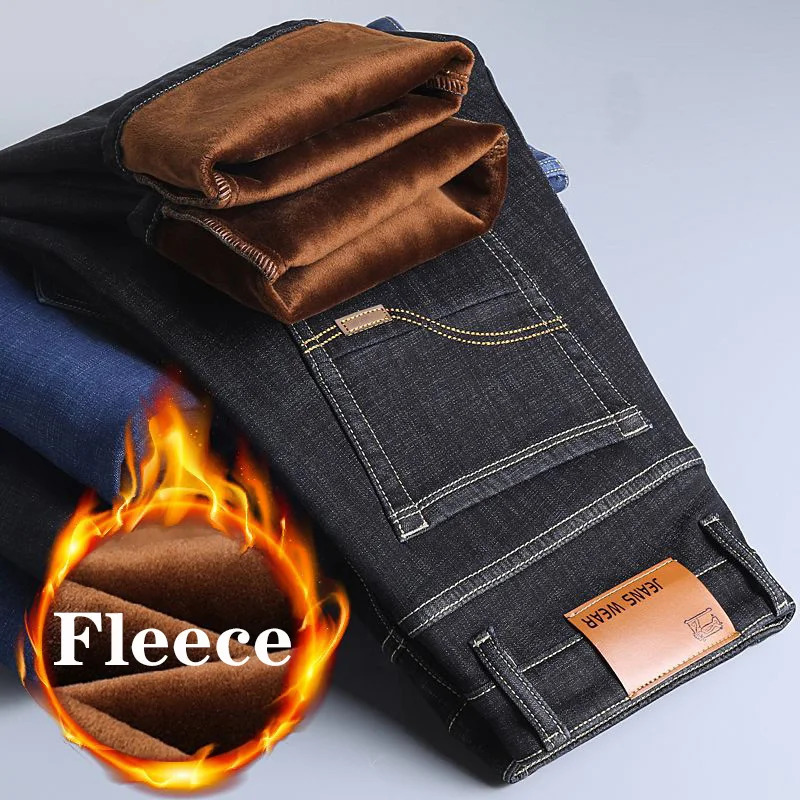 Autumn Winter Warm Flocking Denim Soft Man Activities Fleece Line Men Jeans Black Blue Grey Colors 251029