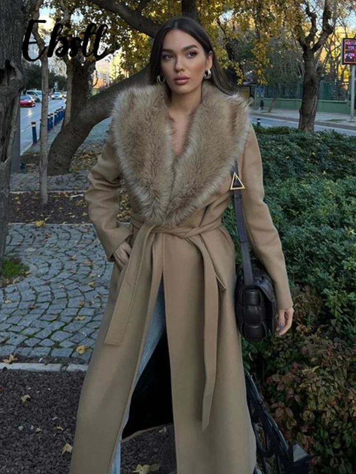 Elegant Fur Lapel Maxi Coats Women Lace Up Full Sleeve Pocket Wool Long Overcoats 2025 Winter Lady Solid High Street Outwear 251029