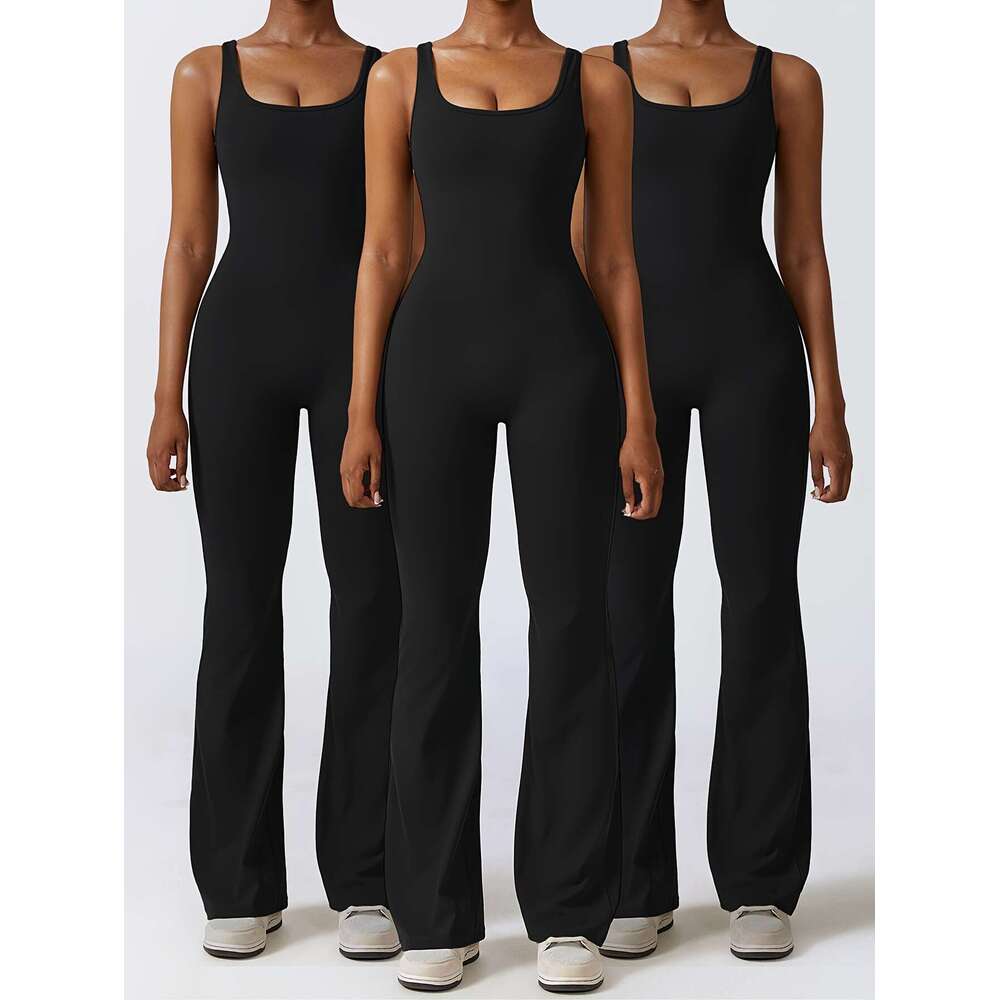 3Pcs Flattering Solid Color Cut-Out Backless Yoga Bodysuit Jumpsuit Women's Activewear With Chest Pad Flared Gym Pants - Comfortable And Breathab