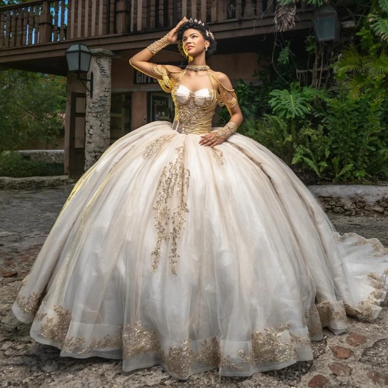 Champagne Ball Gown Quinceanera Dresses Off The Shoulder Applique Lace Beading Tull Party Birthday Sweet 16 Dress Vestidos 15 Anos