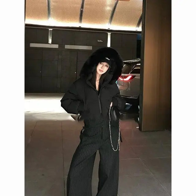Simple Solid Color Short Parka Coat Fashionable Street Zipper Hooded Short Cotton Clothing Winter Clothes Women Jacket Women 251013