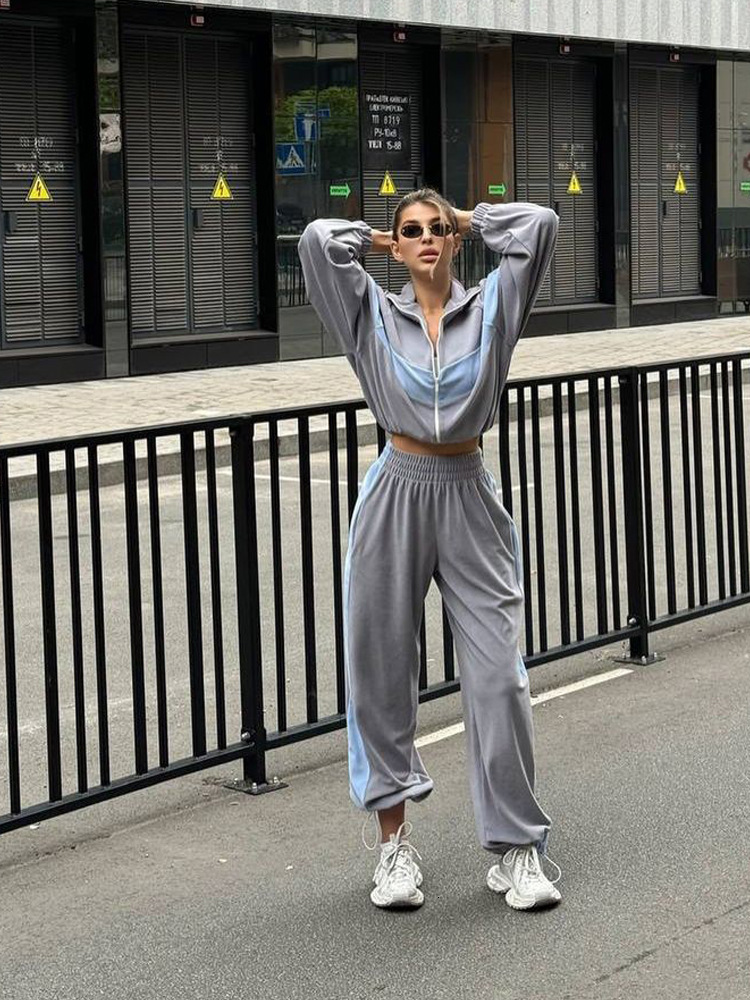 New Fashion European and American Designer Style Casual Sports Set Zipper Open Collar Woolen Sweater Pants Women's Two Piece Set