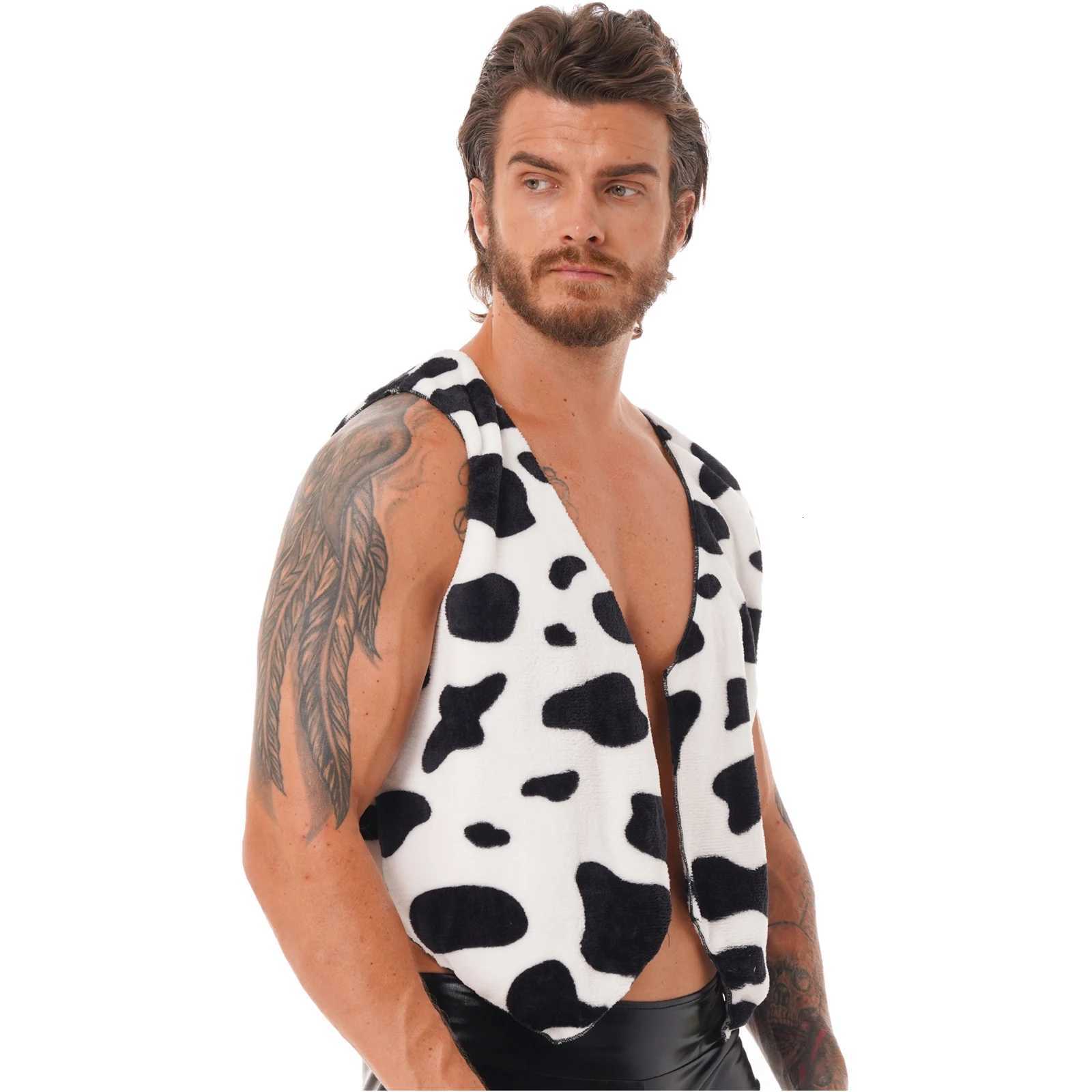 Men Cow Print Open Front Coat Jacket Vest Halloween Festival Hippie Costume Cowboy Cardigan Cosplay Party Fancy Dress Up W251029