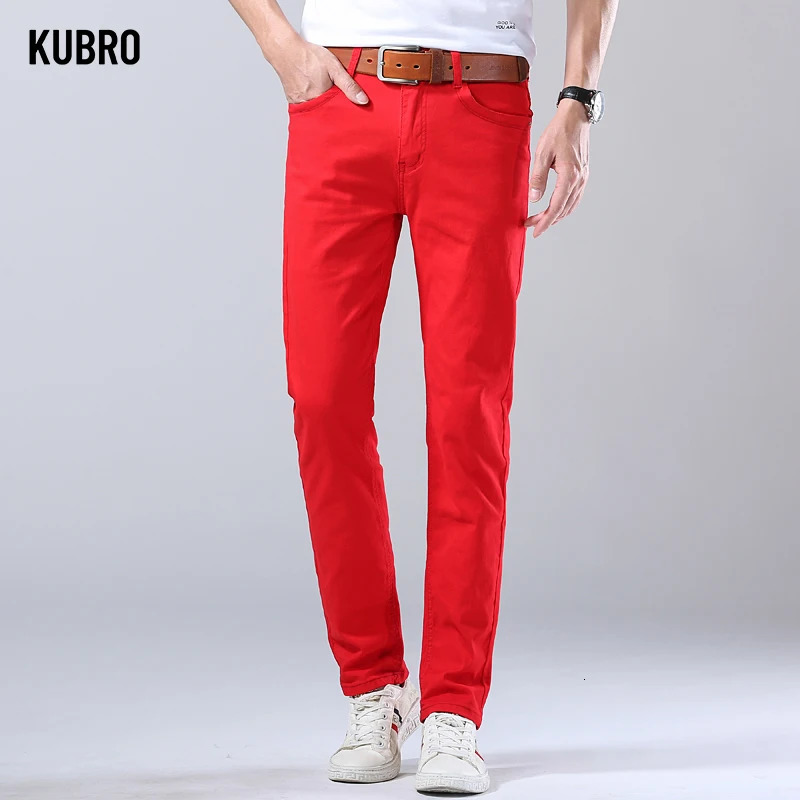 Autumn Mens Bright Stretch Fit Jeans Trendy Denim Straightleg Trousers Male Red Lake Blue Yellow Trousers 251029