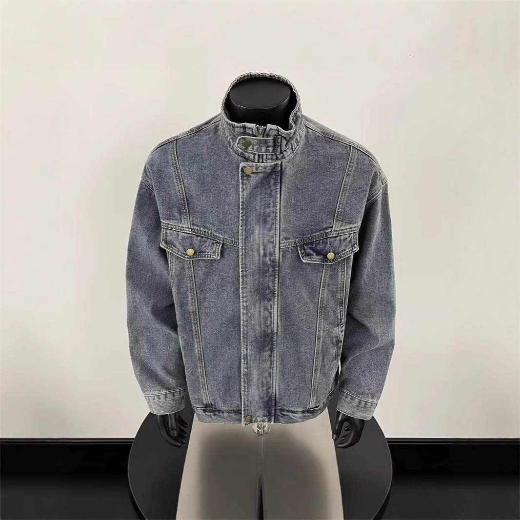 Spring New Men's Denim Jacket Heavy Wash Stand Collar Casual Designer Jacket Loose Trendy American Style High-end Top