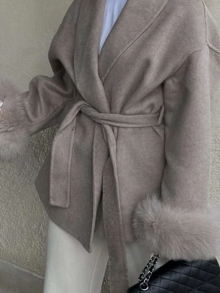 Elegant Solid Lace Up Fur Patchwork Woolen Coat Women Lapel Long Sleeve Loose Short Jacket Lady Winter Daily Street Outwear 251028