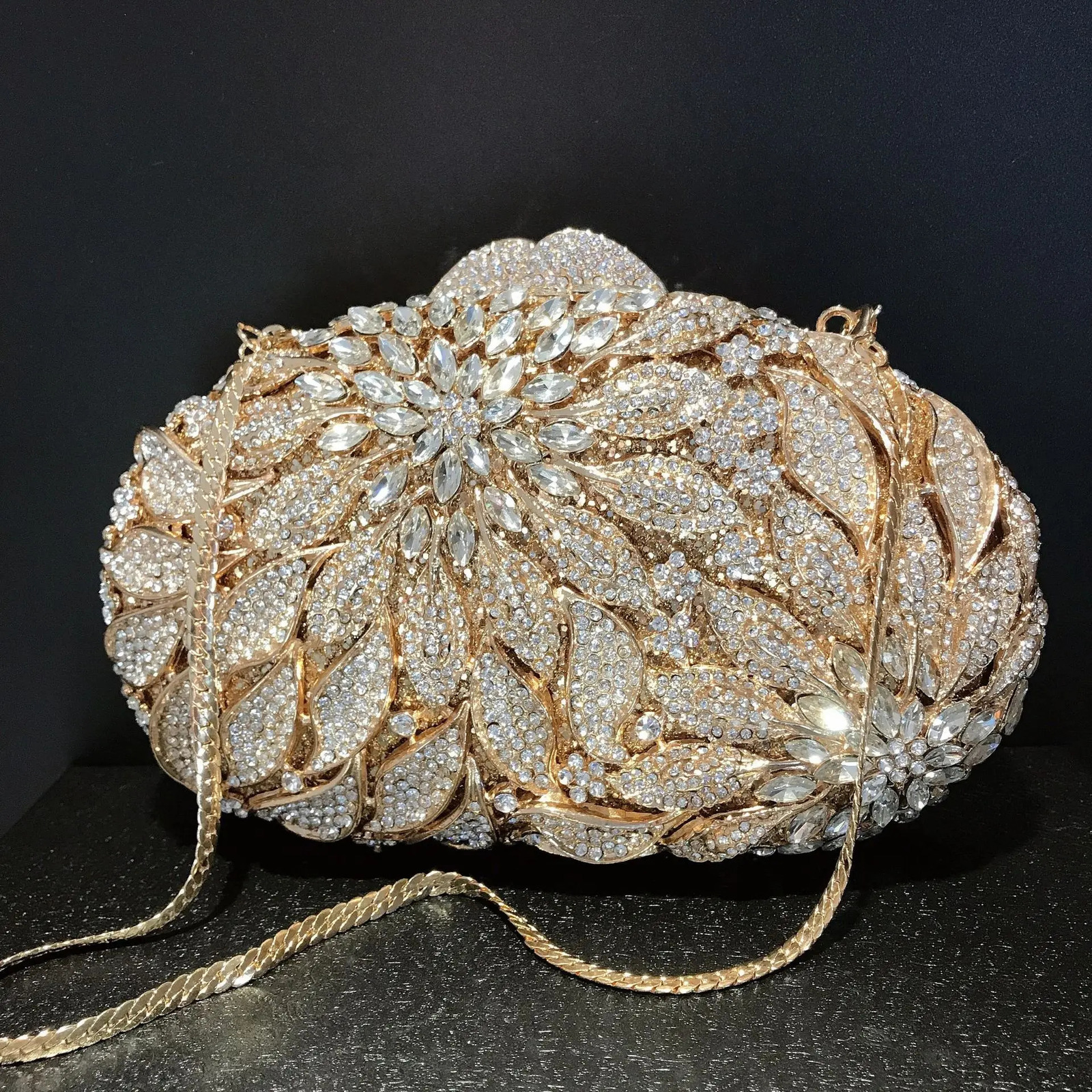 Gold Metal Leaves White Crystals Evening Clutch Bags Women Wedding Party Purse Ball Handbags Rhinestone Mini heart bag 251023CJ